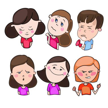 Vektör, çocuklar, gençler, öğrenciler, bir karikatür tarzı, farklı görüntüler ve farklı ruh halleri ve duyguları ile görüntülerini içeren küme renkli çizimler
