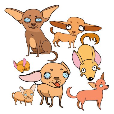 Vektör çizimler, komik karikatür köpekler, ruh hali, duygular, evde beslenen hayvan karakter kümesi