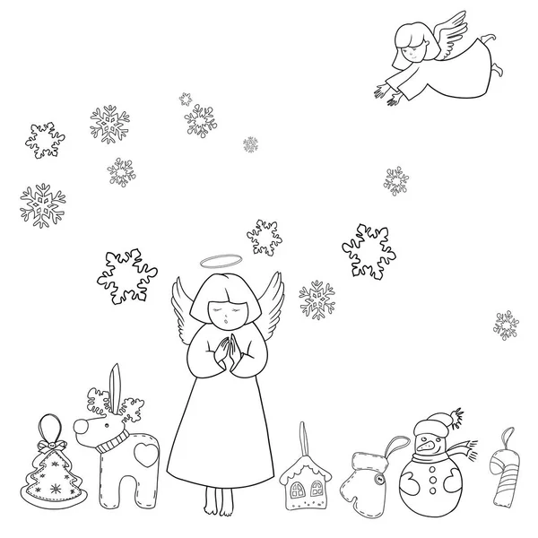 クリスマスと新年のお祝いをテーマに黒と白のベクトル図面のセット — ストックベクタ