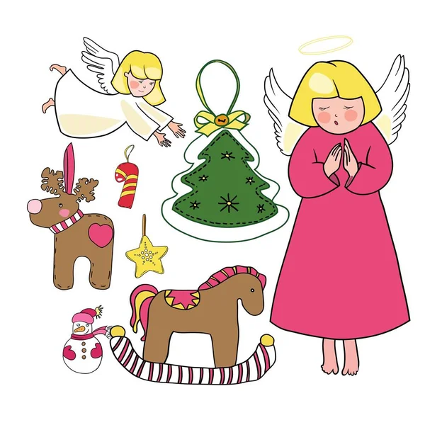 ベクター クリスマスの天使のクリスマスのおもちゃ ギフトのカラー図面のセット — ストックベクタ