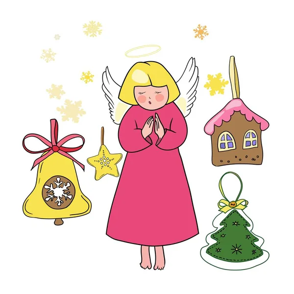 ベクター クリスマスの天使のクリスマスのおもちゃ ギフトのカラー図面のセット — ストックベクタ