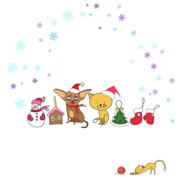 Zestaw Noworoczny Kolor Wektorów Karty Pozdrowieniami Eleganckie Koty Psy Christmas — Wektor stockowy