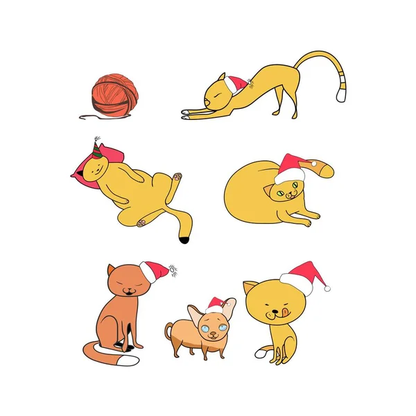 Jogo Ano Novo Ilustrações Cores Vetoriais Cartão Saudação Gatos Cães —  Vetores de Stock