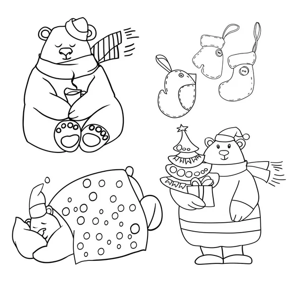 Набор Черно Белых Векторных Иллюстраций Белый Медведь Новый Год Рождество — стоковый вектор