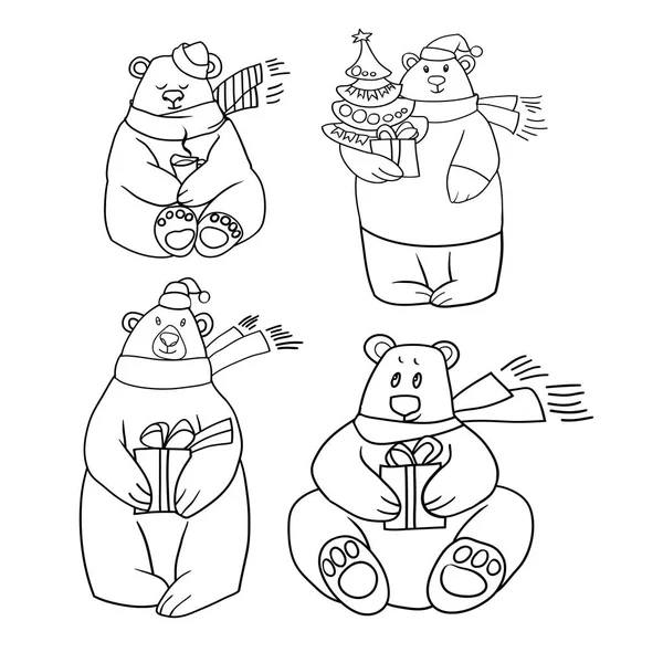 一套线画矢量 快乐的新年和快乐的圣诞节 北极熊 有趣的卡通图像 — 图库矢量图片