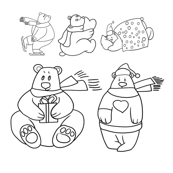 一套线画矢量 快乐的新年和快乐的圣诞节 北极熊 有趣的卡通图像 — 图库矢量图片