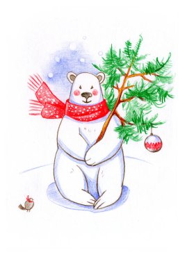 Tebrik kartı, kağıt üzerine çizilmiş kalem, yeni yıl ve Noel, bir kutup ayısı, yılbaşı hediyeleri, yılbaşı ağacı görüntü için renkli