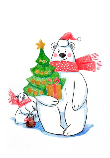 Greeting card, drawn on paper, colored pencil, for the new year and Christmas, the image of a polar bear, Christmas gifts, Christmas tree