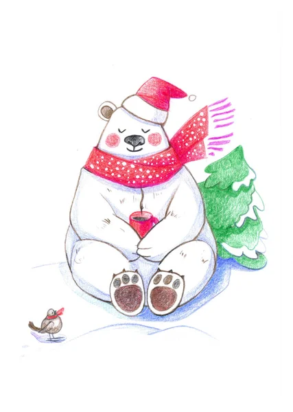 인사말 종이에 그려진 크리스마스 북극곰 크리스마스 크리스마스 나무의 이미지에 — 스톡 사진