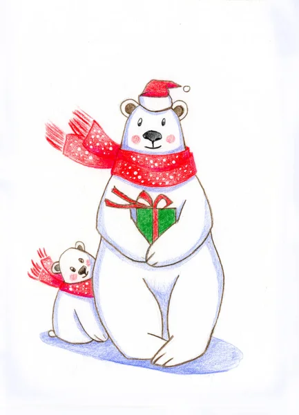 Tebrik kartı, kağıt üzerine çizilmiş kalem, yeni yıl ve Noel, bir kutup ayısı, yılbaşı hediyeleri, yılbaşı ağacı görüntü için renkli