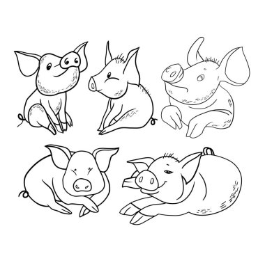 Dizi doğrusal çizimler, komik domuz, Yılbaşı tasarım, karikatür kahramanı