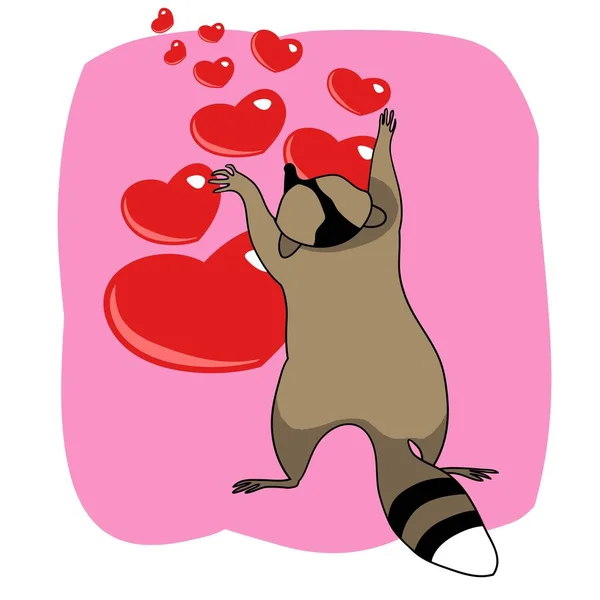 彩色向量例证一个动画片可爱的浣熊贺卡情人节 — 图库矢量图片