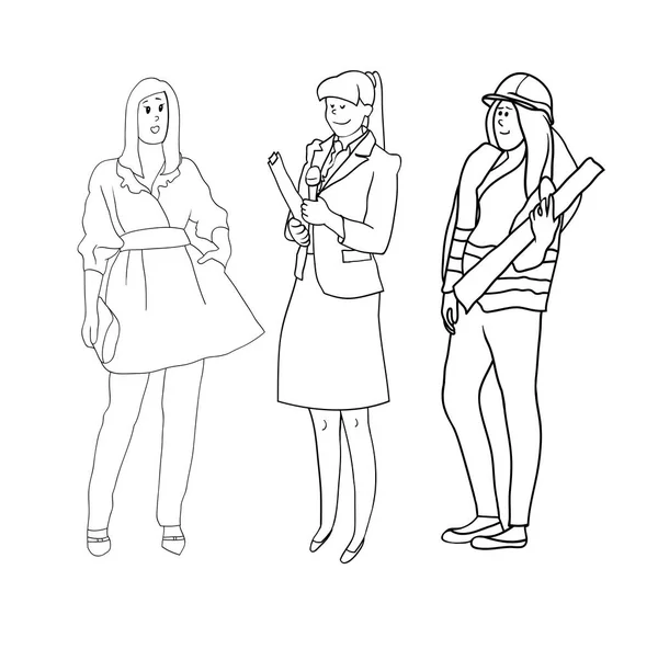 Set Black White Line Drawings Vector Female Figures Women Profession — Stock Vector