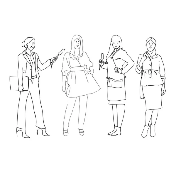 Set Black White Line Drawings Vector Female Figures Women Profession — Stock Vector