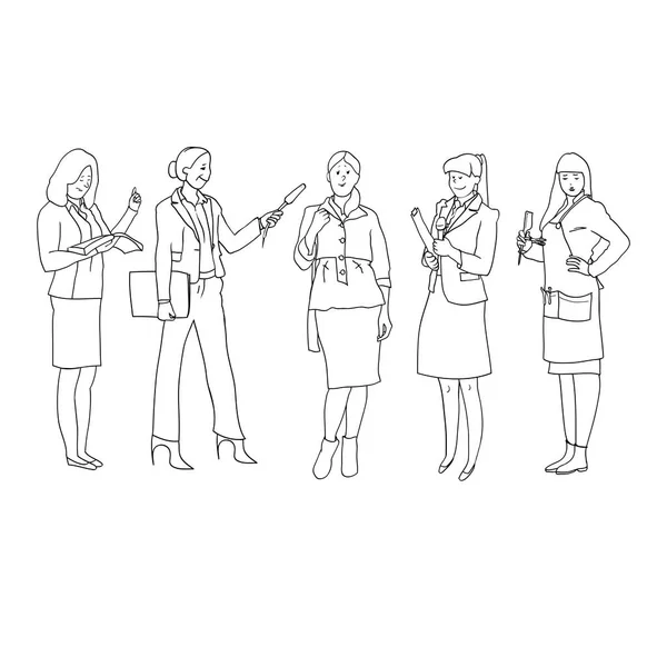 Zestaw Rysunków Wektorze Ilustracje Czarno Białe Liniowe Kobiece Zawód Kobieta — Wektor stockowy