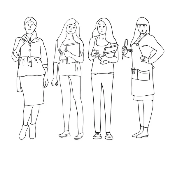 Zestaw Rysunków Wektorze Ilustracje Czarno Białe Liniowe Kobiece Zawód Kobieta — Wektor stockowy