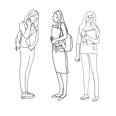 Çizimler vektör, siyah ve beyaz doğrusal illüstrasyonlar, kadın meslekler, öğrenci, kadın kümesi