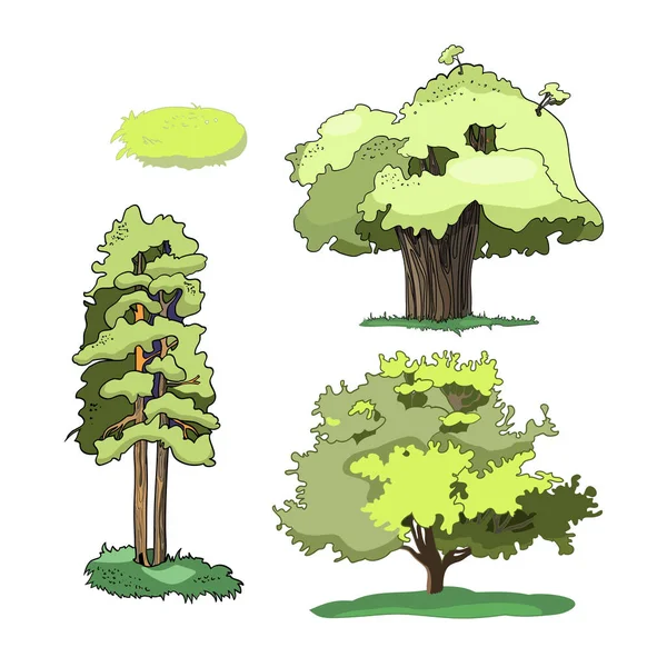 Ilustracje Wektorowe Drzew Różne Kształty Kreskówka Rysunek Liniowy Ptak Liści — Wektor stockowy