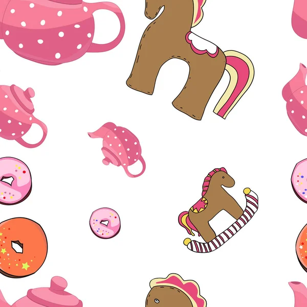 Color illustration, drawing, seamless pattern, tea set, cookies, lunch
