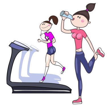 Mükemmel fiziksel şekilli kızlar, kardiyo performans, çalışan, spor salonunda spor, çizgi film karakteri, renkli görüntü vektör
