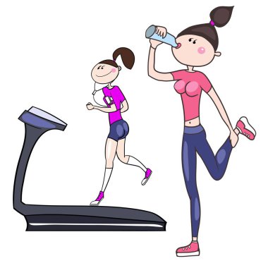 Mükemmel fiziksel şekilli kızlar, kardiyo performans, çalışan, spor salonunda spor, çizgi film karakteri, renkli görüntü vektör