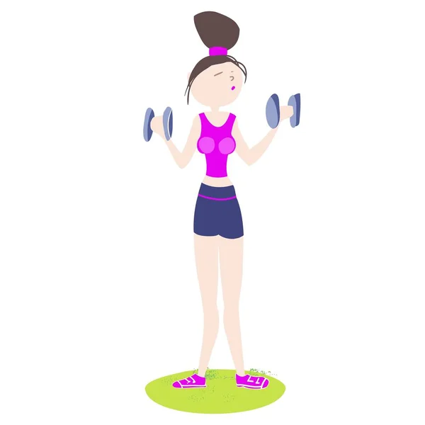 Girl Excellent Physical Shape Doing Exercises Dumbbells Sport Clothes Cartoon — Stock Vector