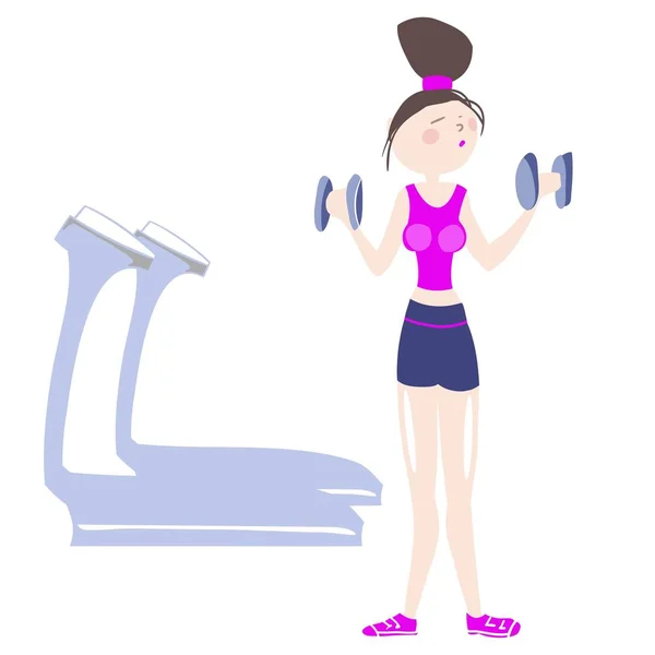 Girl Excellent Physical Shape Doing Exercises Dumbbells Sport Clothes Cartoon — Stock Vector