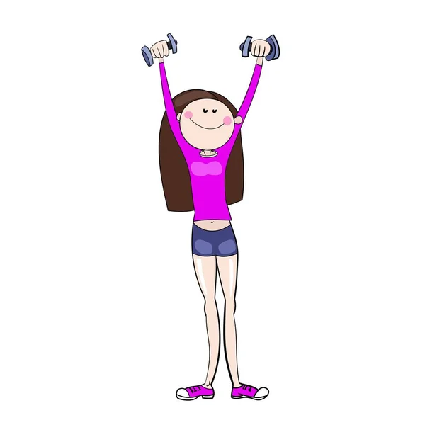 Girl Excellent Physical Shape Doing Exercises Dumbbells Sport Clothes Cartoon — Stock Vector