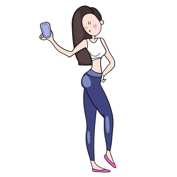 スマートフォンを手にスポーツウェアを着た運動少女 自撮り写真 漫画キャラクター ベクトルでカラーイラスト — ストックベクタ