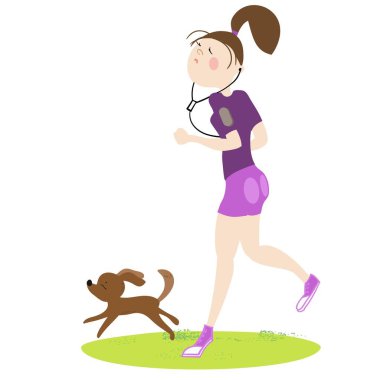 Kız ve evcil hayvanı, açık havada egzersiz, kardiyo egzersizleri, koşu, renk, vektör karikatür illüstrasyon, spor kompleksi, stadyum reklam için