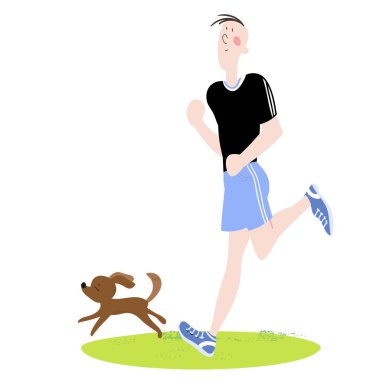 Genç bir adam ve evcil hayvanı, açık havada egzersiz, kardiyo egzersizleri, koşu, renk, vektör karikatür illüstrasyon, spor kompleksi, stadyum reklam için
