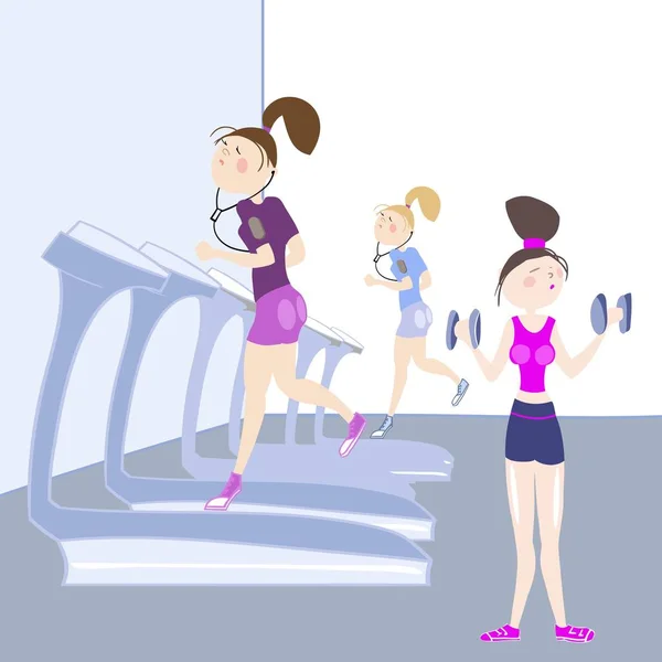 Κορίτσια Που Ασκούν Στο Γυμναστήριο Καρδιαγγειακά Ασκήσεις Τρέχουν Ένα Διάδρομο — Διανυσματικό Αρχείο