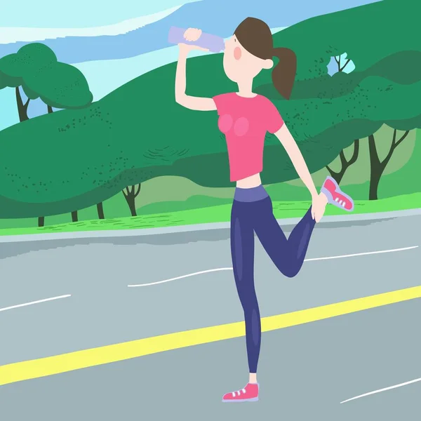 Young Girl Exercising Outdoors Drinking Water Bottle While Jogging Morning — 스톡 벡터