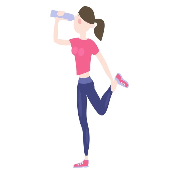 Νεαρό Κορίτσι Άσκηση Εξωτερικούς Χώρους Πόσιμο Νερό Από Ένα Μπουκάλι — Διανυσματικό Αρχείο