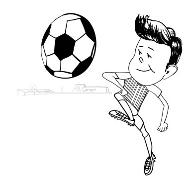 Çizgi film futbolcusu, komik çizgi film karakteri çocuk, doğrusal siyah-beyaz çizim, futbol kulübü, futbol sahası, vektör illüstrasyon