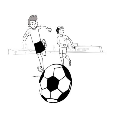 Bahçede futbol oynamak, çizgi film futbolcuları, futbolcuların komik çizgi film karakterleri, doğrusal siyah-beyaz çizim, futbol kulübü, futbol sahası, vektör illüstrasyon