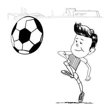 Çizgi film futbolcusu, komik çizgi film karakteri çocuk, doğrusal siyah-beyaz çizim, futbol kulübü, futbol sahası, vektör illüstrasyon