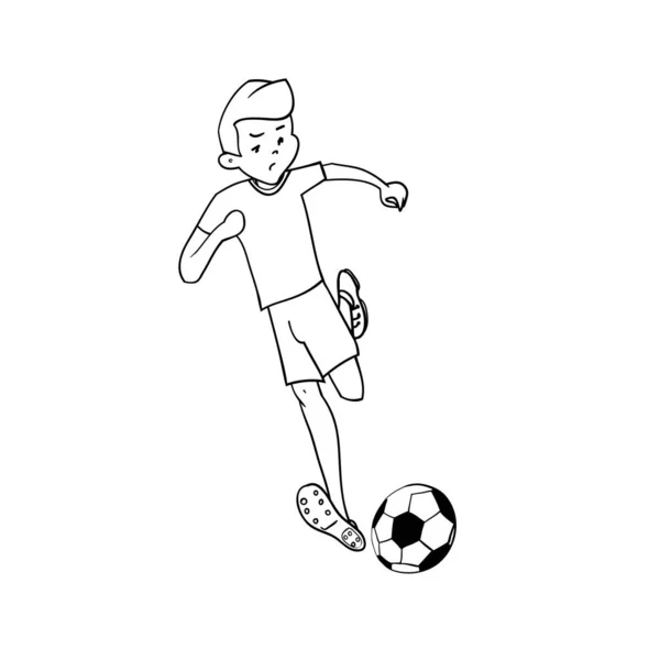 Cartoon Football Speler Grappige Cartoon Karakter Jongen Lineaire Zwart Wit — Stockvector