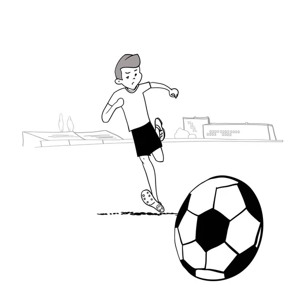 Cartoon Football Speler Grappige Cartoon Karakter Jongen Lineaire Zwart Wit — Stockvector