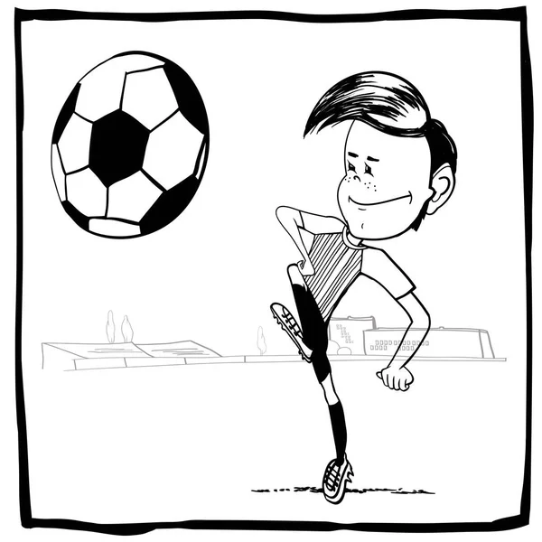 Cartoon Piłkarz Zabawny Chłopiec Charakter Kreskówki Liniowy Czarno Biały Rysunek — Wektor stockowy