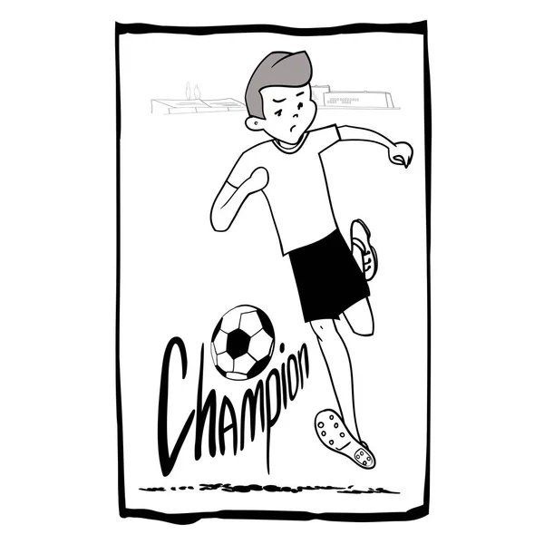 Dibujo Lineal Blanco Negro Joven Jugador Fútbol Con Pelota Campo — Archivo Imágenes Vectoriales