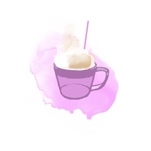 Image Cup Coffee Cream Digital Drawing Pink Watercolor Background — Stock Photo, Image