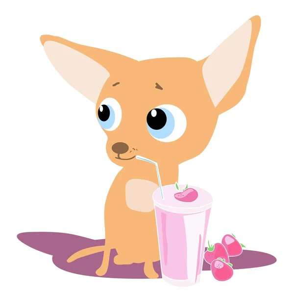 Cute Cartoon Dog Huge Eyes Drinking Cocktail Straw Cartoon Character — Stock Vector