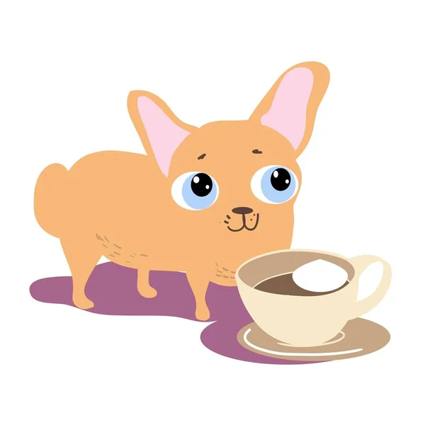 Cute Cartoon Dog Huge Eyes Cup Coffee Cream Cartoon Character — Stock Vector