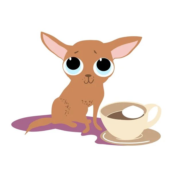 Cute Cartoon Dog Huge Eyes Cup Coffee Cream Cartoon Character — Stock Vector