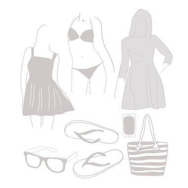 Tasarım giyim mağazası reklamları, mevsimlik satış, aksesuar, alışveriş çantası, terlik, güneş gözlüğü, vektör grafik grafik