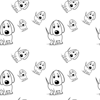 Dikişsiz desen, sevimli karikatür köpek, çocuklar için kumaş tasarımı, çizgi film karakteri, vektör çizim