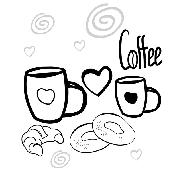 Fragrant Morning Coffee Breakfast Set Simple Graphic Drawings Vector — Stock Vector