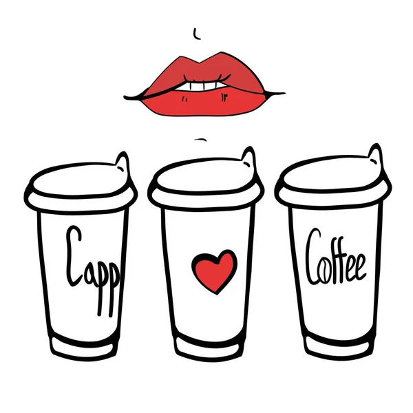Coffee Glasses Lips Set Simple Line Drawings Vector — Stock Vector