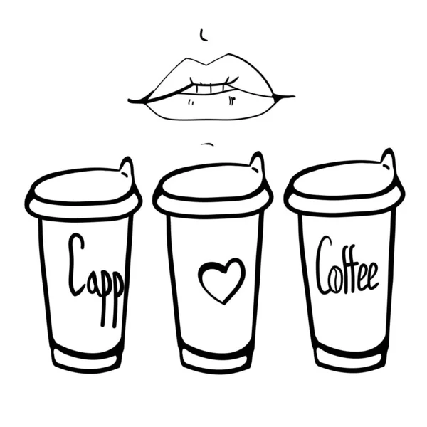 Coffee Glasses Lips Set Simple Line Drawings Vector — Stock Vector